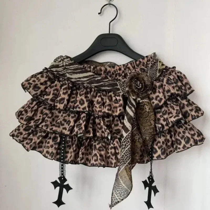 Y2k Gothic Elastic Waist Cross Short Skirt Women Sweet Hot Girl Chic High Waist Ruffle Skirts Female Design Retro Cake Skirt New