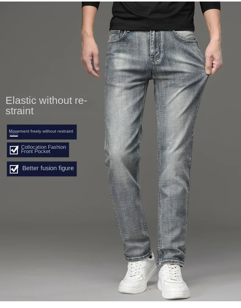 High-end Light Luxury Brand Jeans Men's Retro Slim Fit Straight Versatile Casual Gray Trousers Autumn and Winter Thick Jeans