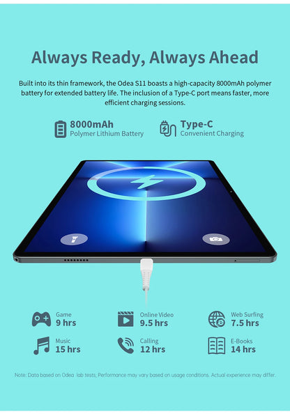 ODEA S11, 11 inches TDDI, 8000mAh, Android 14 Tablet, (6GB+10GB Expansion) 16GB RAM, 256GB ROM, 1920x1200 IPS, UNISOC T606, 8 cores, Mali-G57, 4G LTE, Wifi, GPS, SIM Slots*2+TF*1, Widevine L1 for Netflix