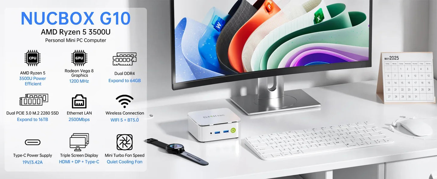 GMKtec G10 Mini PC AMD Ryzen5 3500U (Beats N150/N97) Barebone 2.5GbE NIC LAN HTPC Proxmox Mini Computer,Triple 4K Display WiFi 5