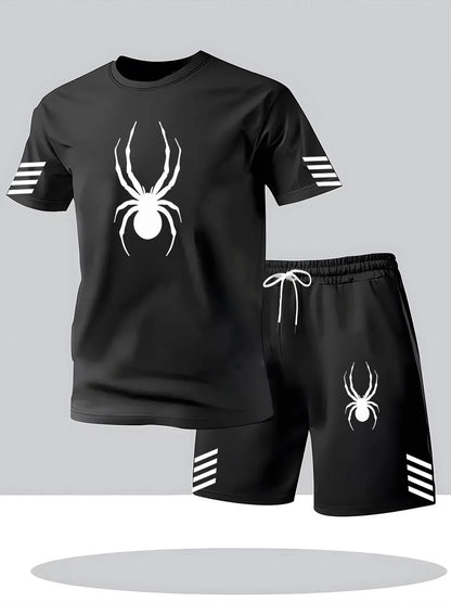 Men Fashion Print Two Piece Set Breathable Crew Neck Short Sleeve T-shirt Casual Sports Shorts Summer Outfit