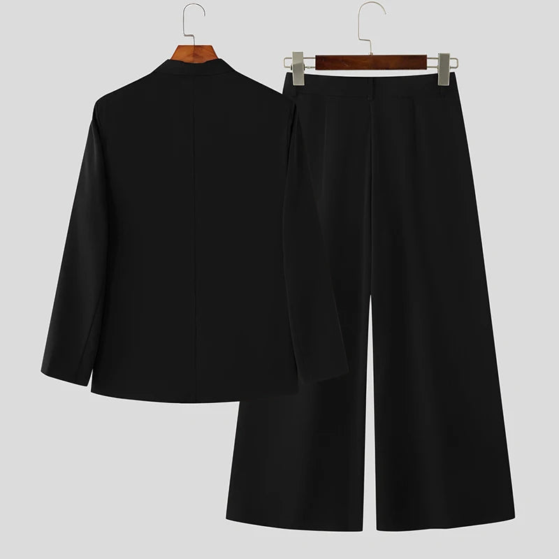 INCERUN Men Sets Solid Color Double Breasted Long Sleeve Blazer & Pants Two Pieces Sets Streetwear Fashion Casual Men's Suits