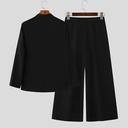 INCERUN Men Sets Solid Color Double Breasted Long Sleeve Blazer & Pants Two Pieces Sets Streetwear Fashion Casual Men's Suits