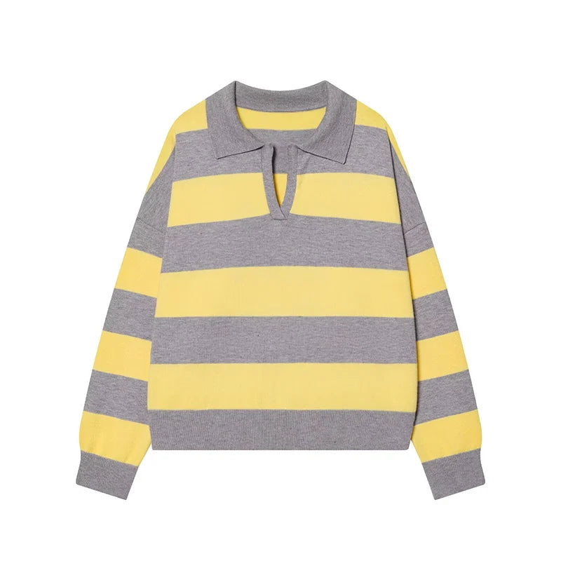 Sweater knitted Pullover Women's Spring 2026 New Fashion Striped Loose Polo neck Warm Women Sweater Chic Youth Holiday Pullover