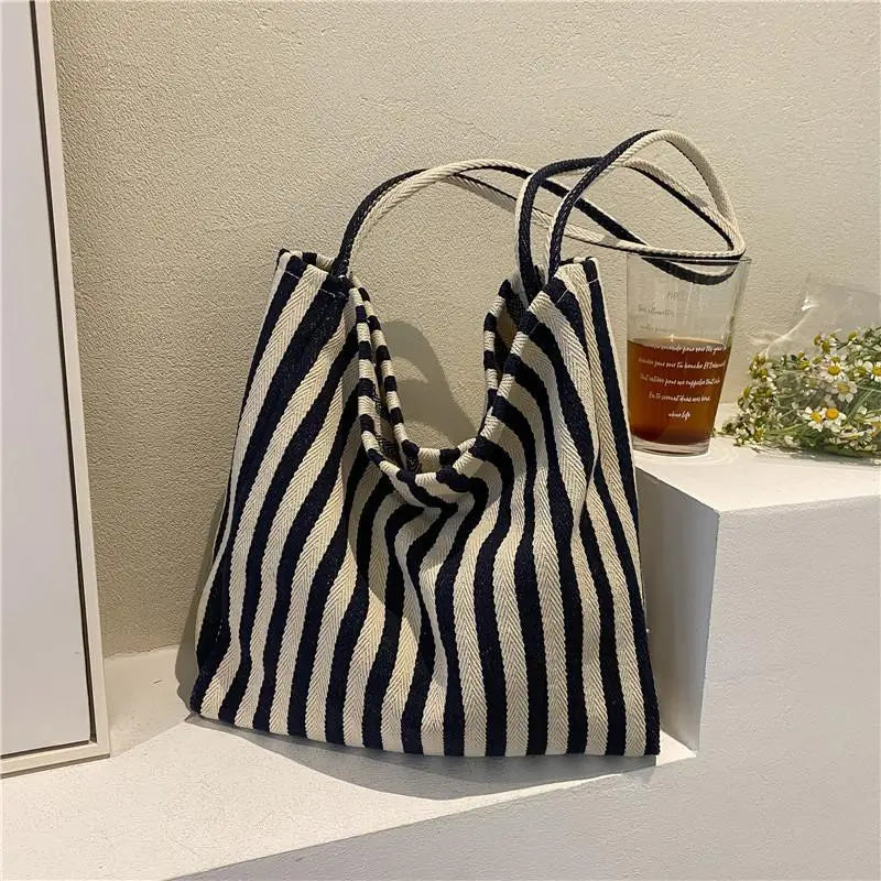 Large Capacity Canvas Women Shopper Tote Simple Striped Shoulder Bag Female Casual Multifunctional Travel Top-handle Handbag