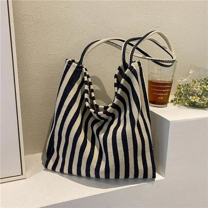Large Capacity Canvas Women Shopper Tote Simple Striped Shoulder Bag Female Casual Multifunctional Travel Top-handle Handbag