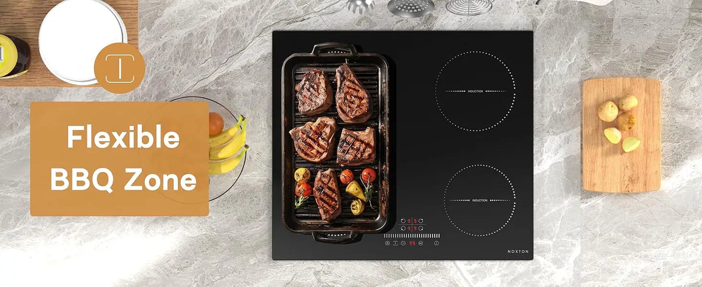 NOXTON White/Black Induction Hob Plug in, (UK:2800W/EU:3500W) 4 Zones with 1 Grill Zone, 60CM Touch, Safety Lock,Ceramic Glass