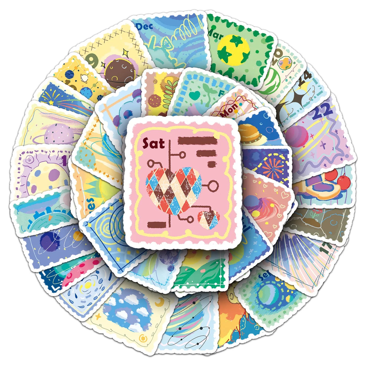 50PCS Cute Stamp Style Space Calendar Stickers Kawaii Planet Journal Decorative Notebook Phone Case Waterproof Stickers Kids Toy