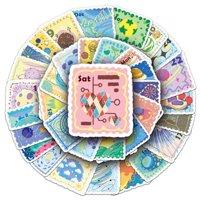50PCS Cute Stamp Style Space Calendar Stickers Kawaii Planet Journal Decorative Notebook Phone Case Waterproof Stickers Kids Toy