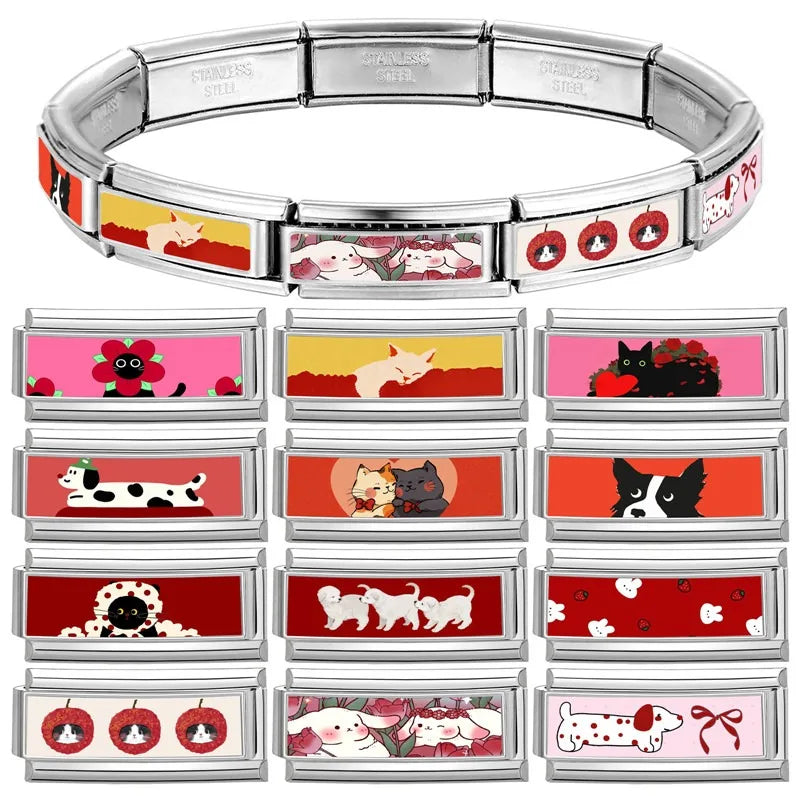 2025 New Women's Gift Cute Rabbit Cat Dogs Italian Charms Links Beads Fit 9mm Stainless Steel Modular Modular Bracelet Jewelry