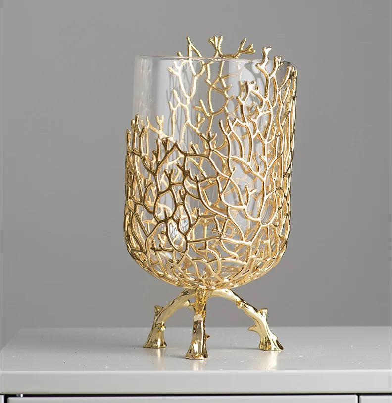 Gold Hollow Coral Vase Transparent Glass Vase Ornament Metal Rack Living Room Hydroponic Flower Arrangement Home Decoration