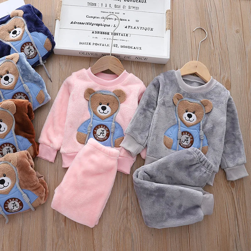 Baby Boy Winter Sets Plush Hooded Jacket 2pcs Children's Casual Outfit Suits Kids Arctic Velvet Tracksuit Toddler Girl Clothing