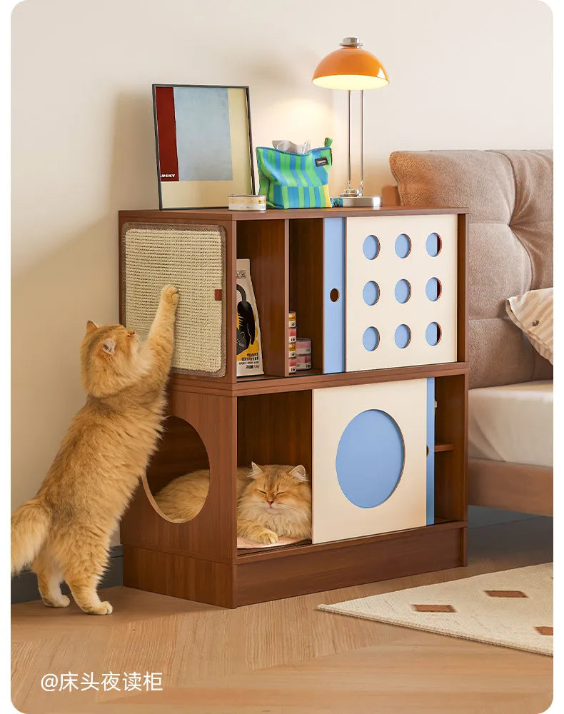 Triple-Function Cat House with Litter Box & Storage,Human-Pet Shared Furniture,Cat Tree Hut, Indoor Cat Den,Multi-Level Cat Fort