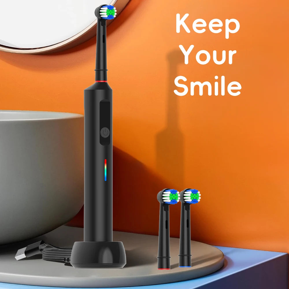 Smart Wireless Charging Rotating Electric Toothbrush, 3 Modes Rechargeable Rotation Toothbrush Compatible with Oral B Brush Head