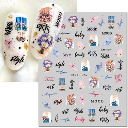 3d Nail Art Decals Watercolor Florals Purple Green Pink Flowers Leafs Fruit Adhesive Sliders Nail Stickers For Manicure