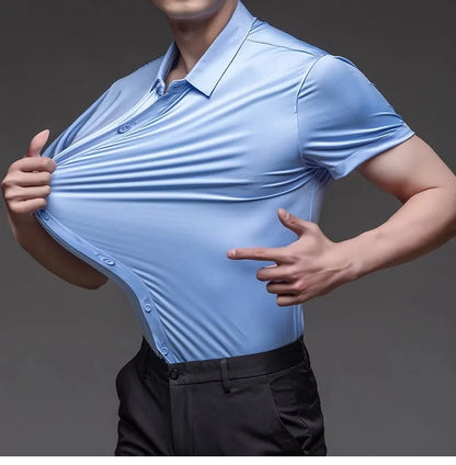 High Quality Dress Shirts For Men Business Casual Seamless Wrinkle Resistant Button Soft Elastic Luxurious Male White Clothing
