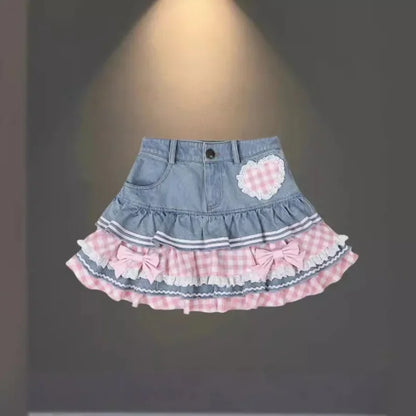 Skirt Women's 2025 New Summer Pink High-grade Pleated Denim Skirt Women's Clothes Bow Sweet Style