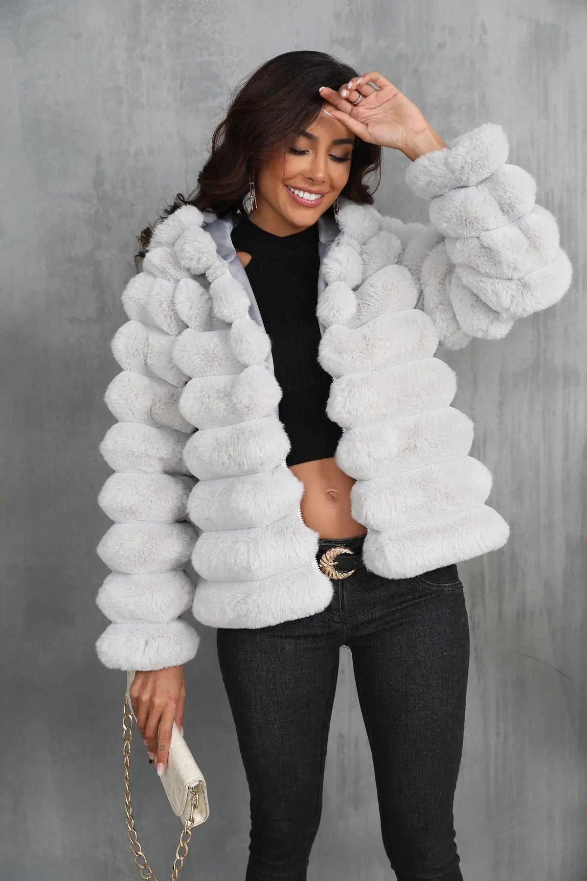 2026 Faux Fur Women Coats Hooded Full Sleeve Short Coat Zipper Thick Warm Solid Temperament Elegant Splice Autumn Winter
