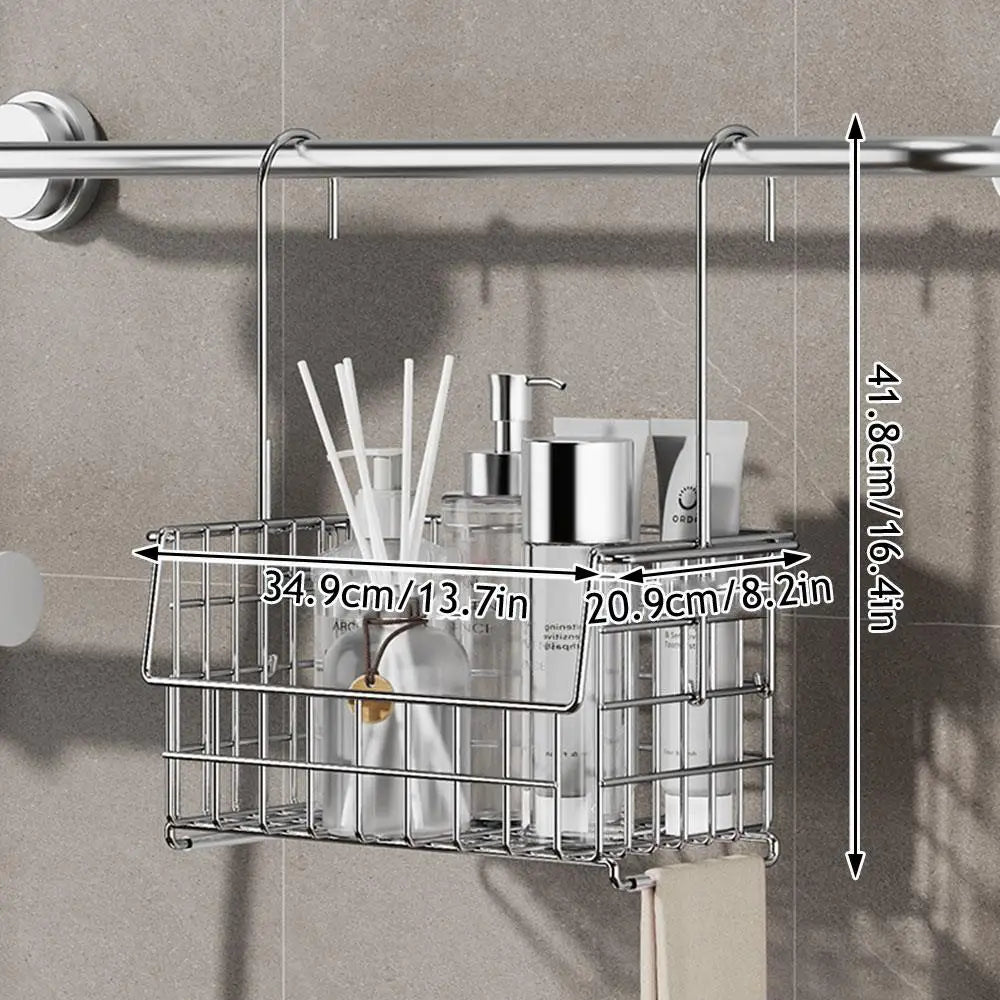 Stainless Steel Bathroom Shelf No-Drill Shower Holder Hanging Organizer Tall-Rail Shower Storage Rack Shower Basket With Hooks