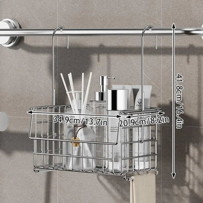 Stainless Steel Bathroom Shelf No-Drill Shower Holder Hanging Organizer Tall-Rail Shower Storage Rack Shower Basket With Hooks