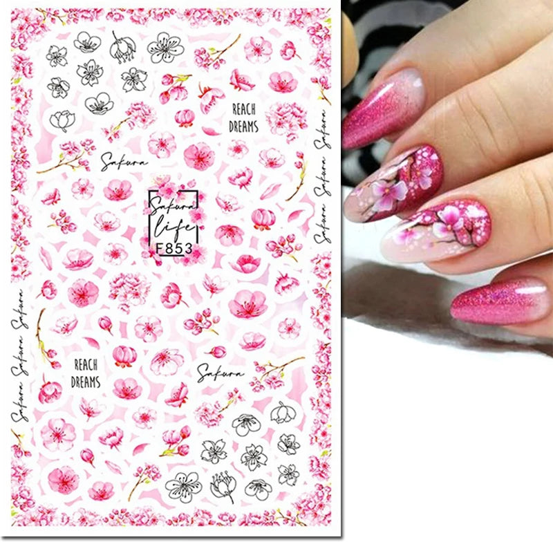 3d Nail Art Decals Watercolor Florals Purple Green Pink Flowers Leafs Fruit Adhesive Sliders Nail Stickers For Manicure