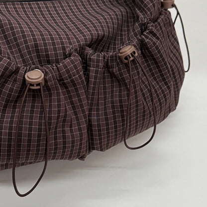 Korean Nylon Shoulder Bag Fashion Simple Plaid Zipper Tote Bag Drawstring Pleated Cloud Bag New Commuter Crossbody Shoulder Bag