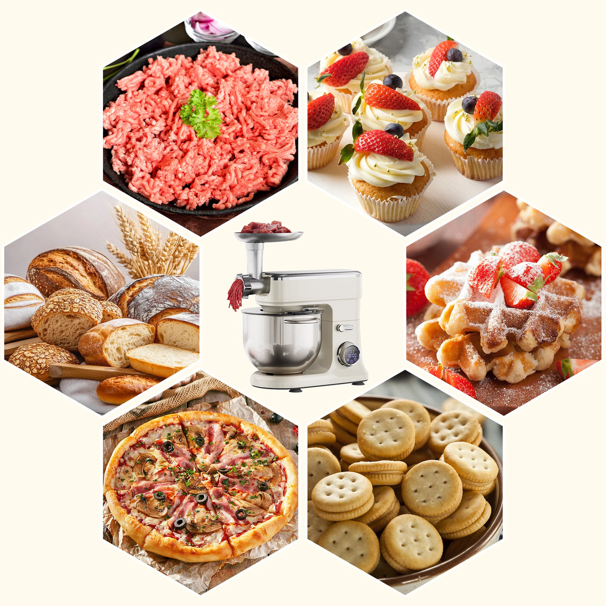 BioloMix 7L Stand Mixer for Baking 1200W DC Motor with Dough Hook Whisk Beater Meat Grinder Attachment - Food Mixer