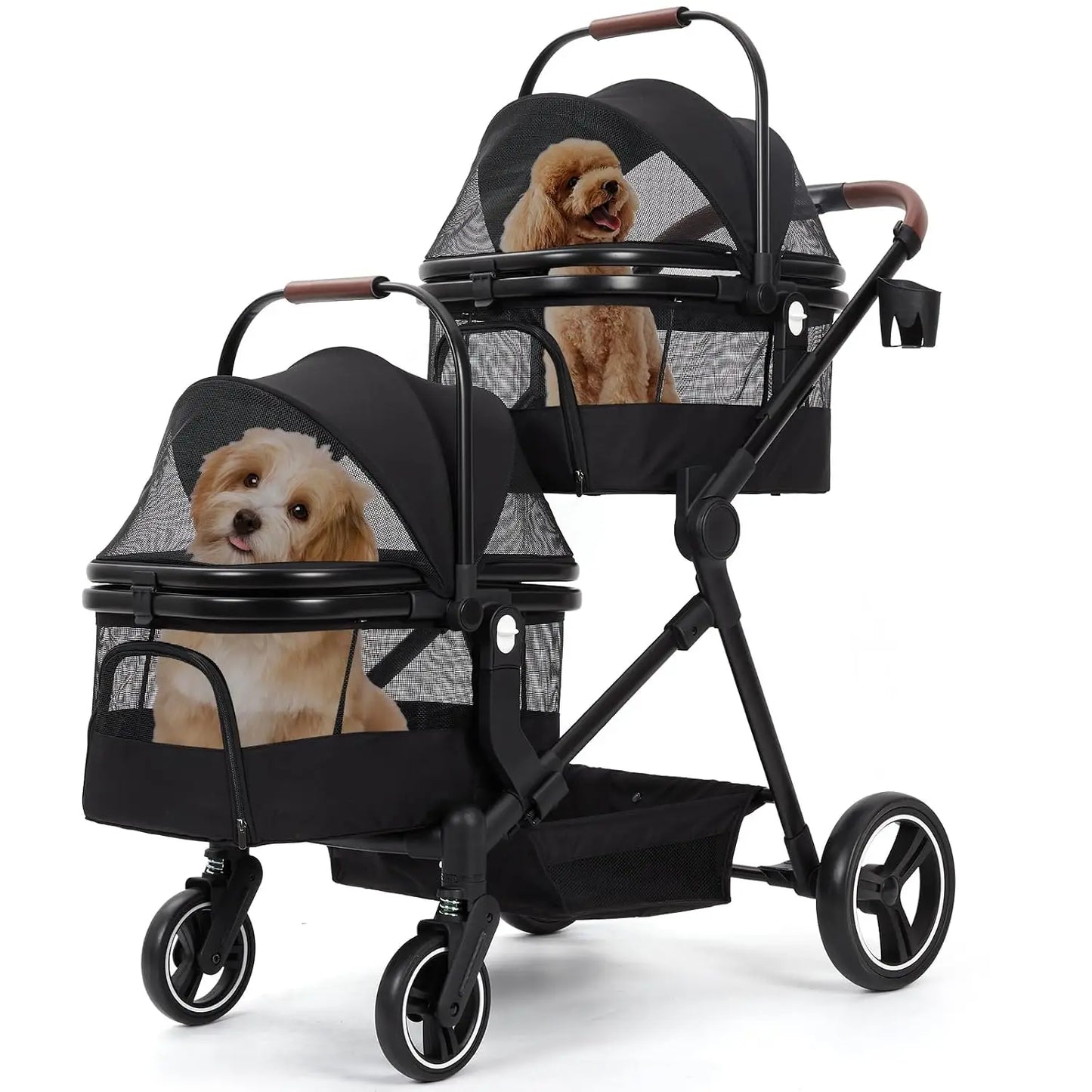 Dog Pushchair Foldable Pet Trolley with 2 Removable Dog Crate Bag for Two Small Dogs Cats Load Capacity Up To 15 Kg Per Level