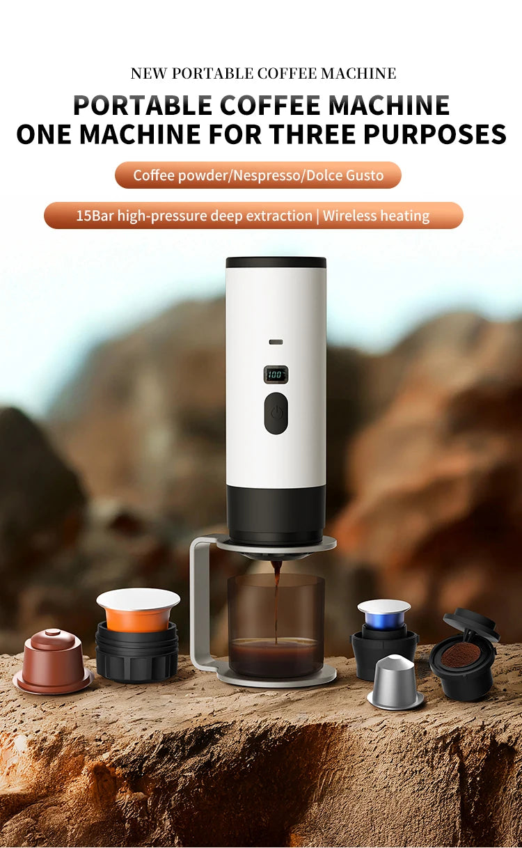 Portable Coffee Machine Wireless 3-in-1 for Ground/Nespresso/DolceGusto Capsule 15Bar 7800mAh Digital Display Travel Camping