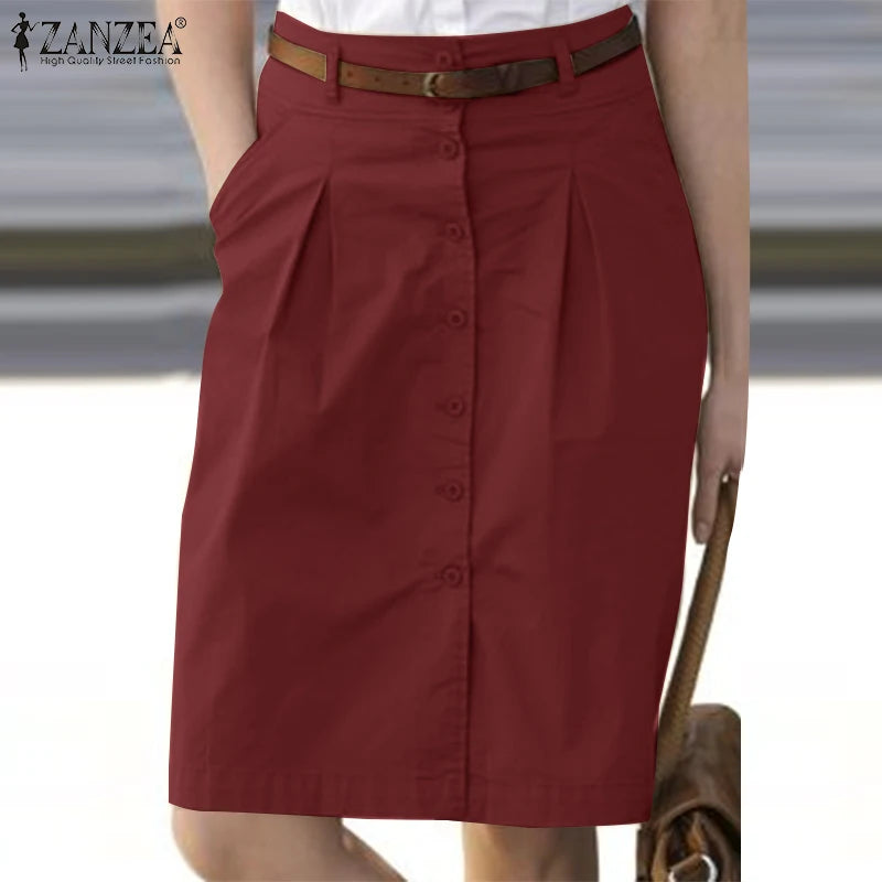 ZANZEA Woman Fashion OL Work Skirts Summer Elegant High Waist Skirt Female Casual Pleated Robe Vintage Buttons Up Faldas Saia