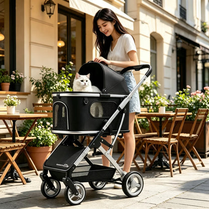 Aluminum Alloy Lightweight Pet Stroller Detachable Carrier One-Click Fold Shock Absorb Dog Cat Outdoor Travel Cart Wholesale