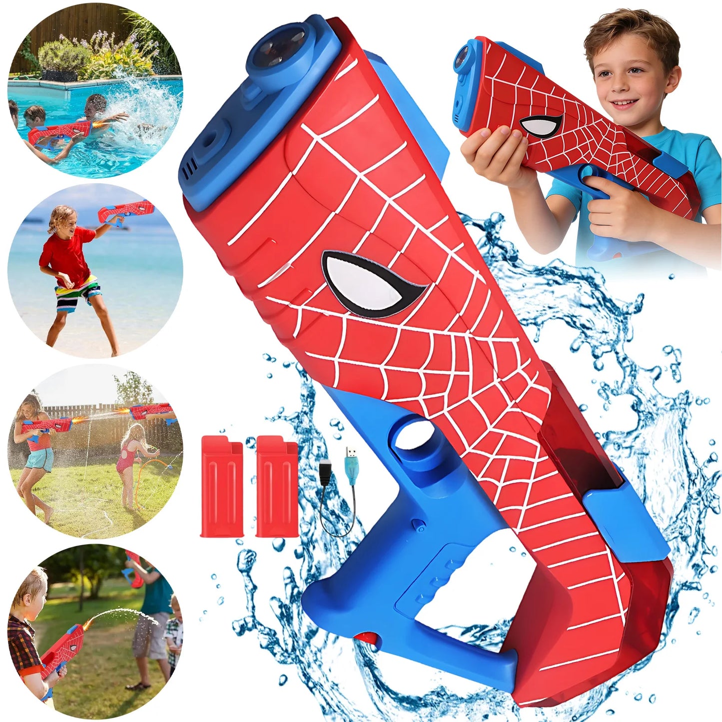 330ML Automatic Electric Water Gun Toy 2 Rechargeable Batteries Light Sound Effects Portable Summer Water Toy For Kids Adults Backyard Beach Pool Outdoor Party Game