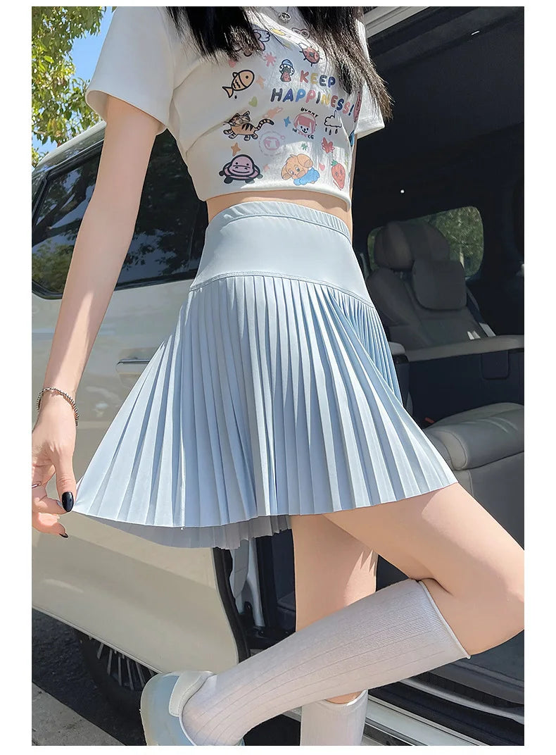 Korean Style Women Pleated A-line Skirts With Pants Mini Skirts Elastic Waist Casual High quality Summer A-line Skirts