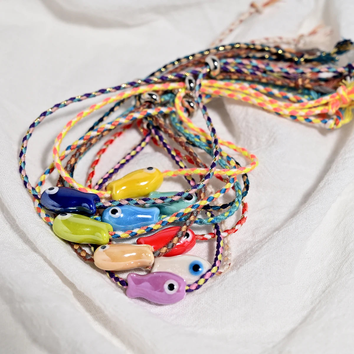 Set of 10Pcs Ceramic Fish Bracelet for Women Handmade Woven Colored Rope Boho Wrap Charm Bracelet Friendship Popular Jewelry