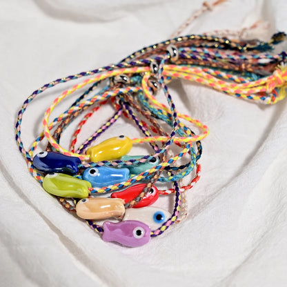 Set of 10Pcs Ceramic Fish Bracelet for Women Handmade Woven Colored Rope Boho Wrap Charm Bracelet Friendship Popular Jewelry