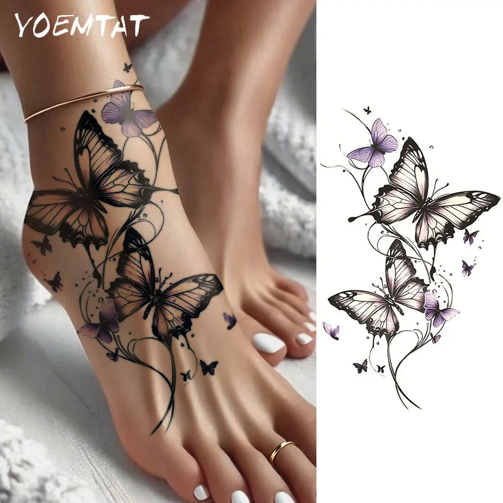 Waterproof Temporary Tattoo Sticker  Butterfly Flower Line Pattern Body Art Arm Fake Tattoos Sleeve For Women Men Hands Shoulder