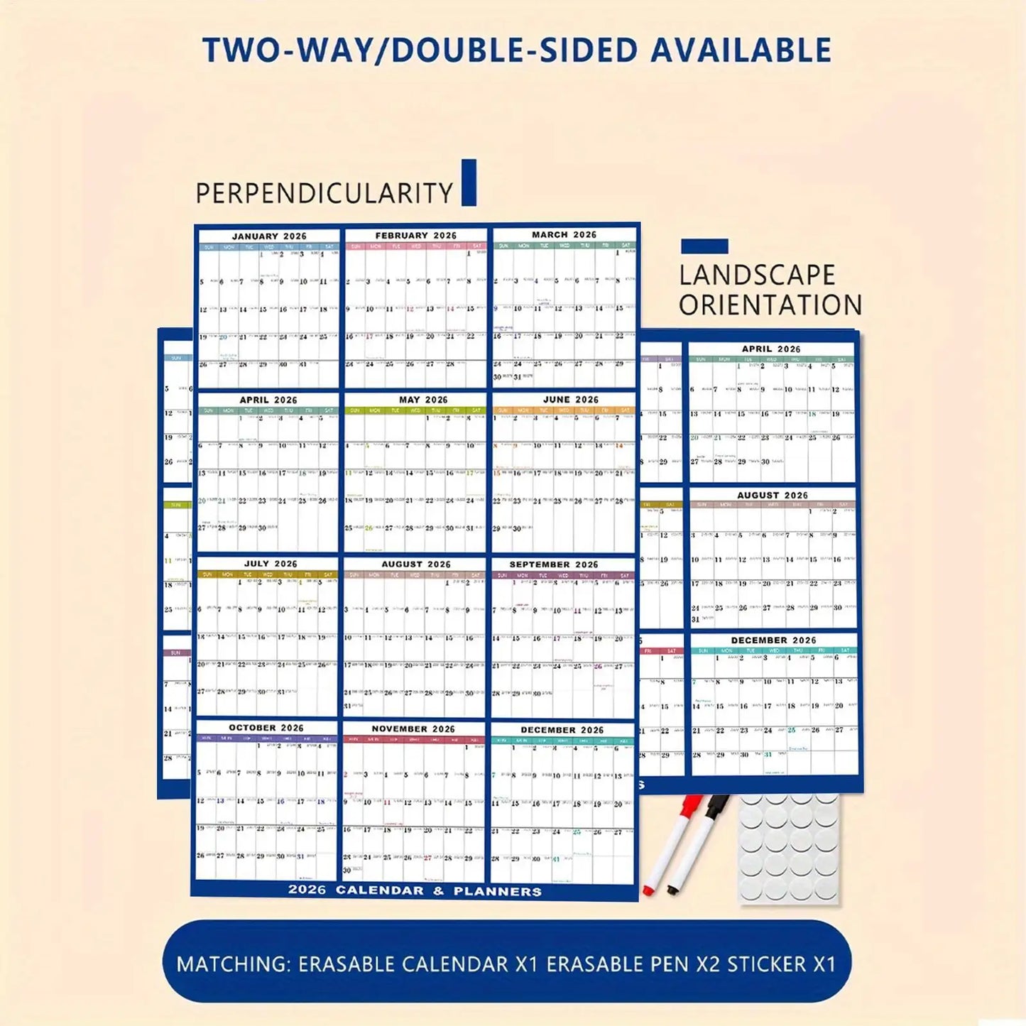 Large Dry Erase Calendar for Wall 2026 Wall Calendar 12 Month  22.83X34.56 Inch Yearly Schedule Organizer for Indoor Home Fridge