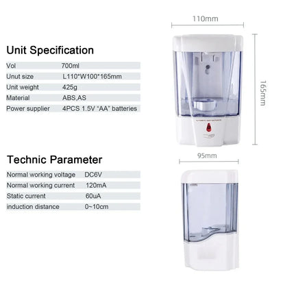 Automatic Touchless Soap Dispenser 700ml, Wall-Mounted Large Capacity Battery-Operated Sensor Hand Washer for Bathroom Kitchen