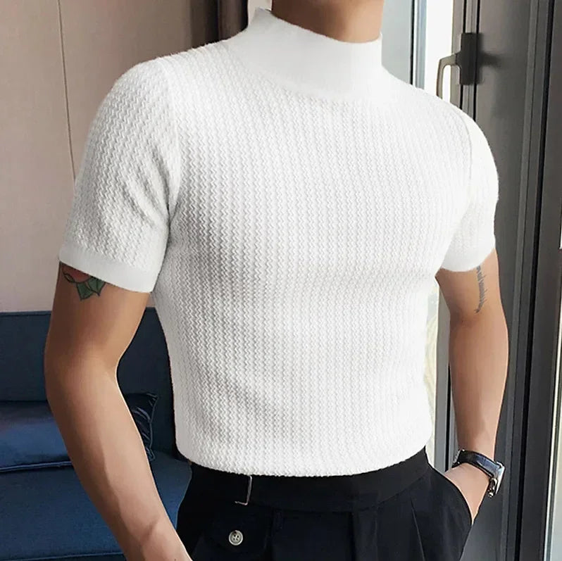 Summer New Casual Simple Knitted Base Shirt European and American Men's High Neck Water Ripple Solid Color T-Shirt