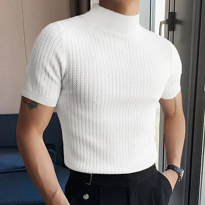 Summer New Casual Simple Knitted Base Shirt European and American Men's High Neck Water Ripple Solid Color T-Shirt