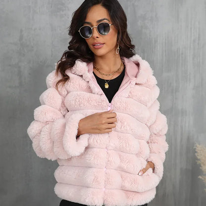 2026 Faux Fur Women Coats Hooded Full Sleeve Short Coat Zipper Thick Warm Solid Temperament Elegant Splice Autumn Winter