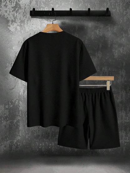 Men's Textured Letter Patched Round Neck Tee & Drawstring Shorts Two-Piece Set Regular Fit Casual Short Sleeve T shirt & Shorts