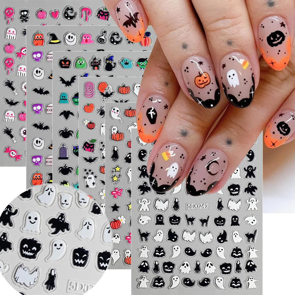 1sheet 5D Halloween Nail Stickers Pink/Green/Black Cartoon Pattern Nail Art Slider DIY For Sweet Cool Girl Cute Nail Decoration