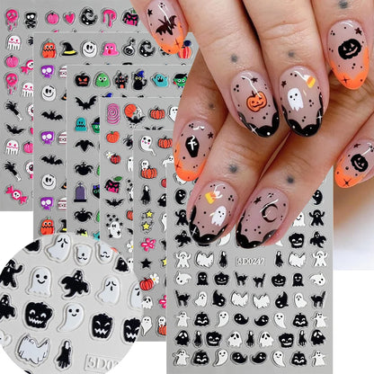 1sheet 5D Halloween Nail Stickers Pink/Green/Black Cartoon Pattern Nail Art Slider DIY For Sweet Cool Girl Cute Nail Decoration