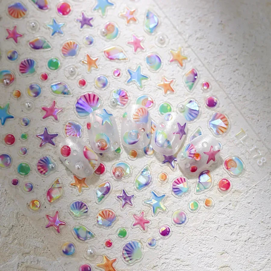 Colorful Bagful Jellyfish Bubbles Swimming Rings Rainbow Stars Ocean Starfish Self Adhesive 5D Nail Art Sticker Manicure Decal