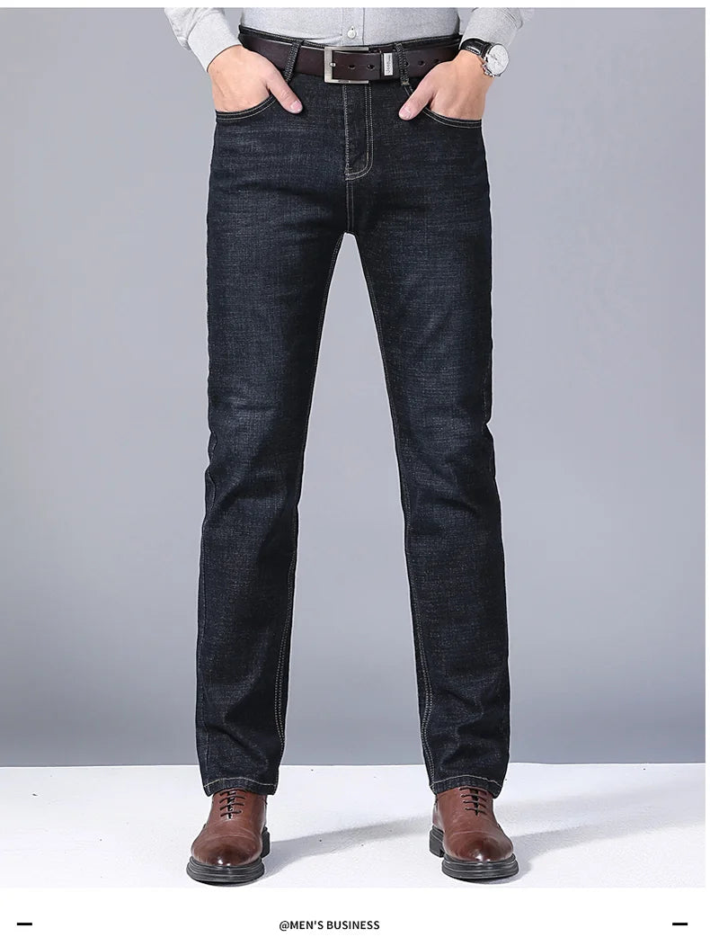 Men Fashion Straight Jeans Mens 2025 New Stretch Slim Fit Pants Comfortable Soft Business Denim Trousers Male Brand Clothing