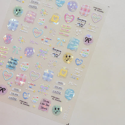 Collage Text English Letter Musical Note Star Graffiti Colorful 5D Love Heart Bowknot Nail Art Sticker Adhesive Manicure Decals