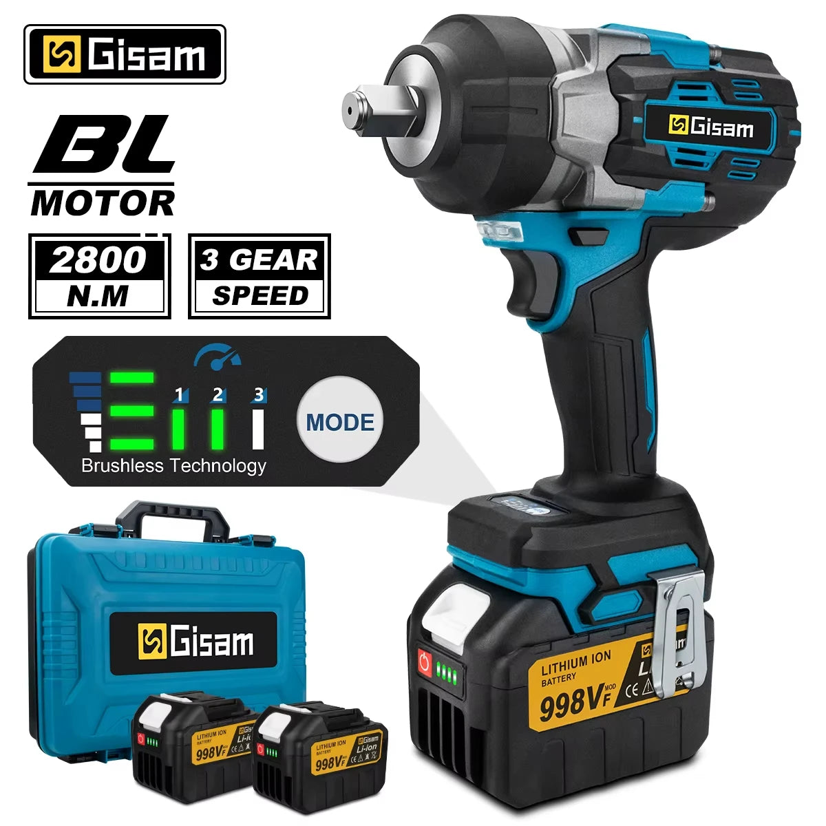 Gisam 2800N.M Torque Brushless Electric Impact Wrench 1/2 inch Screwdriver Cordless Wrench Power Tool For Makita 18V Battery Pin