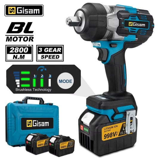 Gisam 2800N.M Torque Brushless Electric Impact Wrench 1/2 inch Screwdriver Cordless Wrench Power Tool For Makita 18V Battery Pin