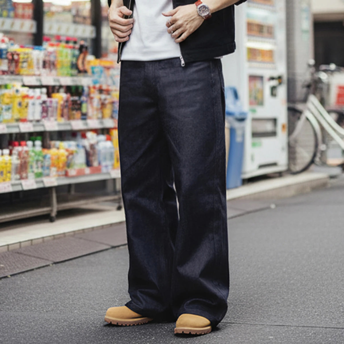 Maden Vintage Men's 15.6oz Selvedge Raw Denim Jeans Wide Leg Trousers with YKK Zipper Fly Straight Fit Jeans for Fall and Winter